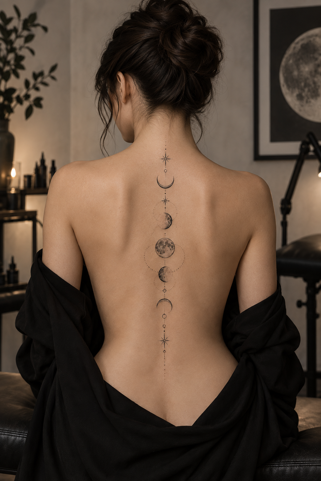 Moon phases ornamental spiritual spine tattoo concept