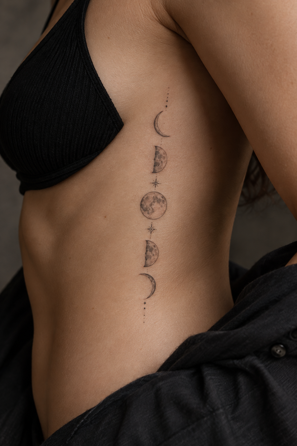 Fine line rib tattoos for women: Moon Phases Run Vertically Along The Ribs