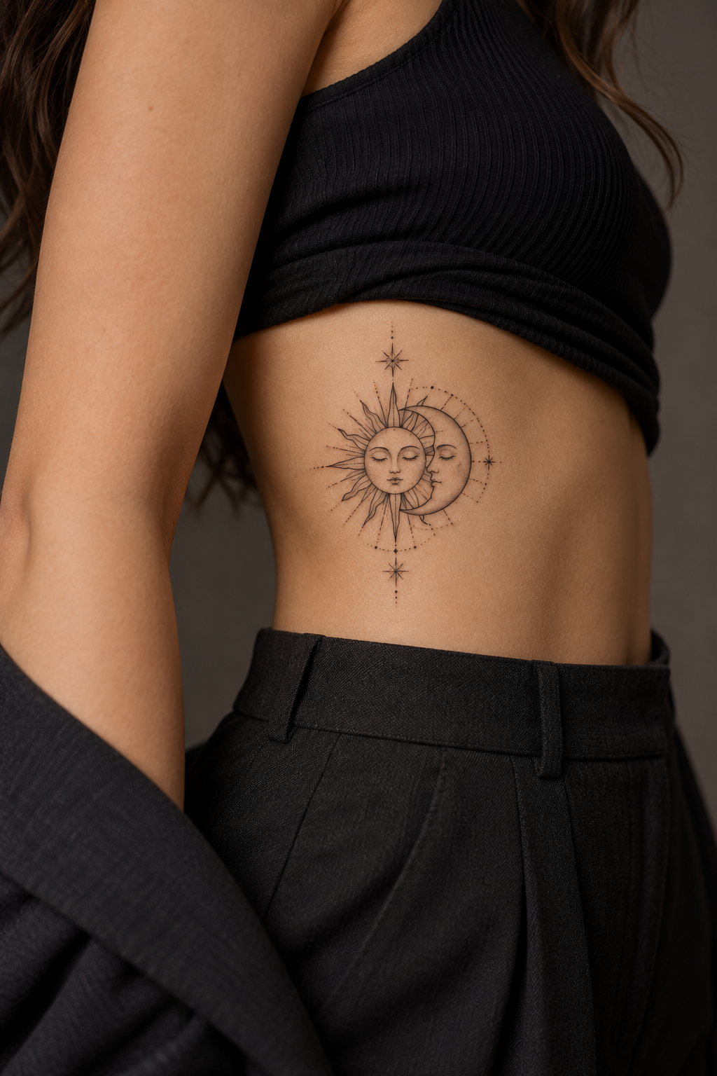 Fine line rib tattoos for women: Small Sun And Moon Design On The Ribs