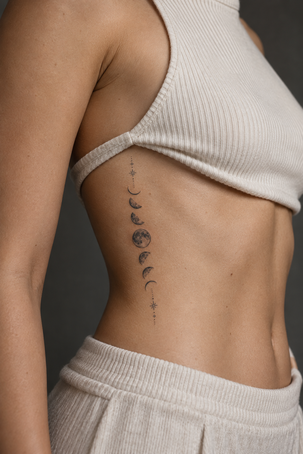 Fine line rib tattoos for women: Crescent Moon And Phases On The Ribs