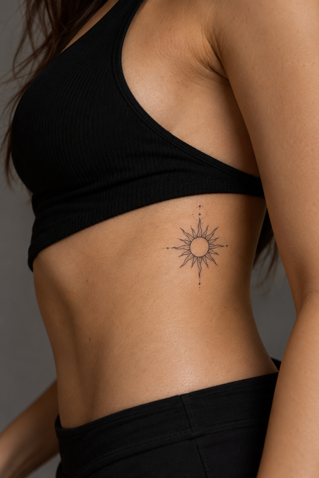 Fine line rib tattoos for women: Sun Tattoo On The Ribs