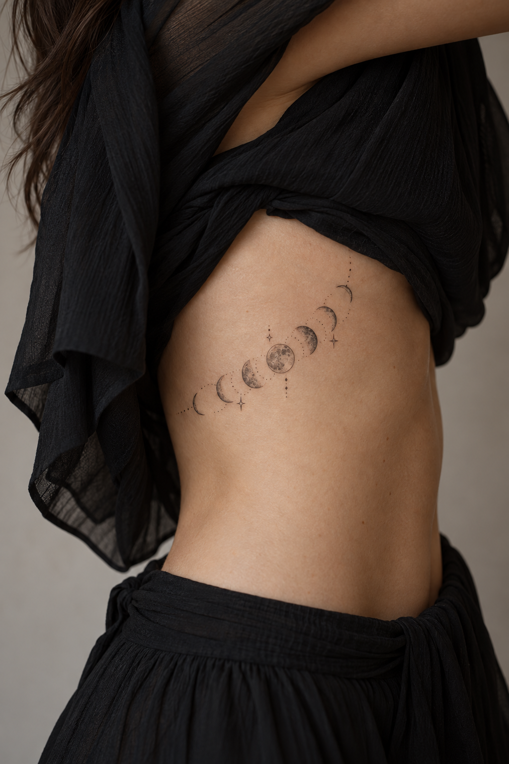 Fine line rib tattoos for women: Moon Phases Follow The Line Of The Ribs