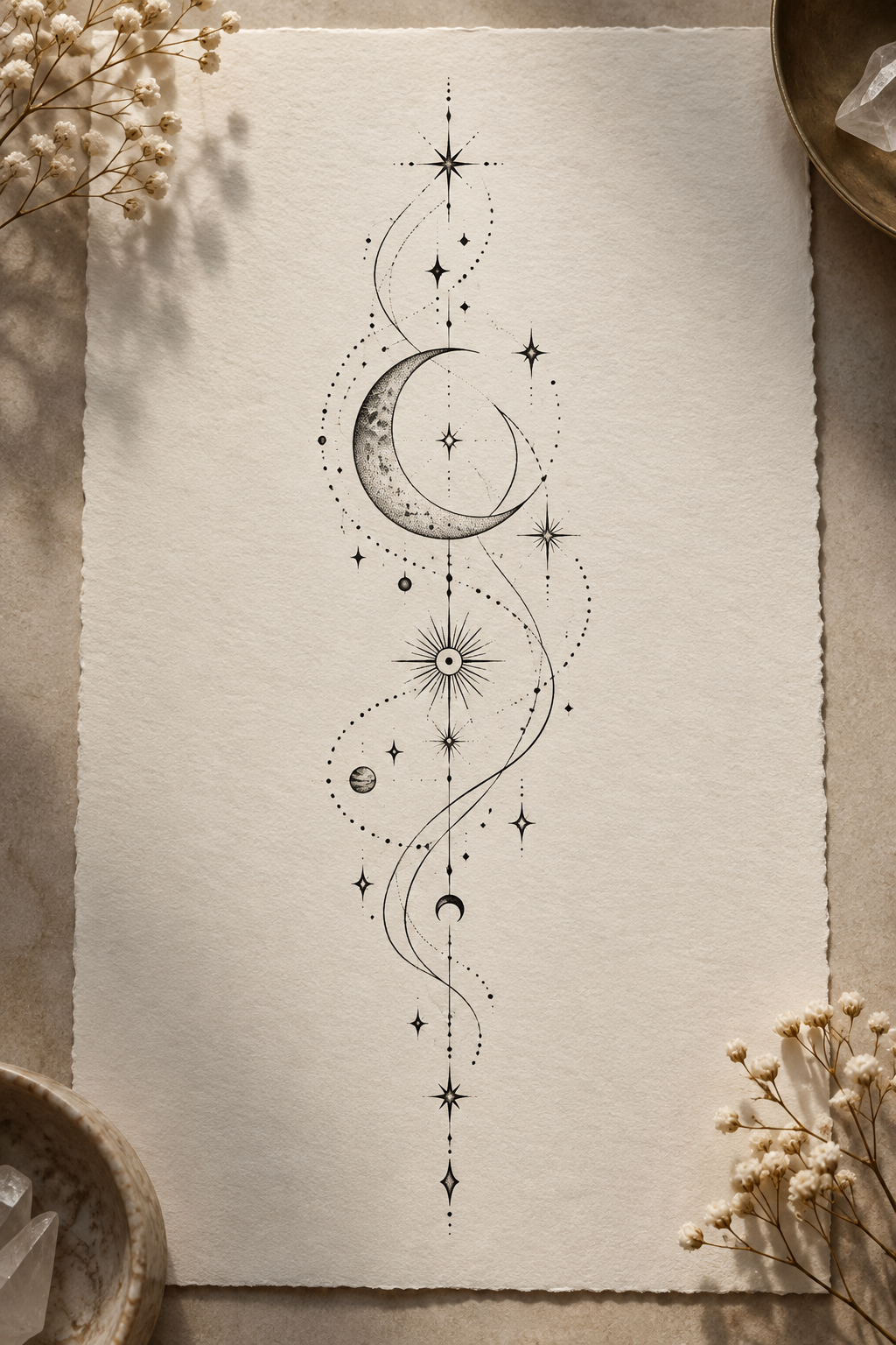 Fine line rib tattoos for women: Fine Line Celestial Design Along The Ribs