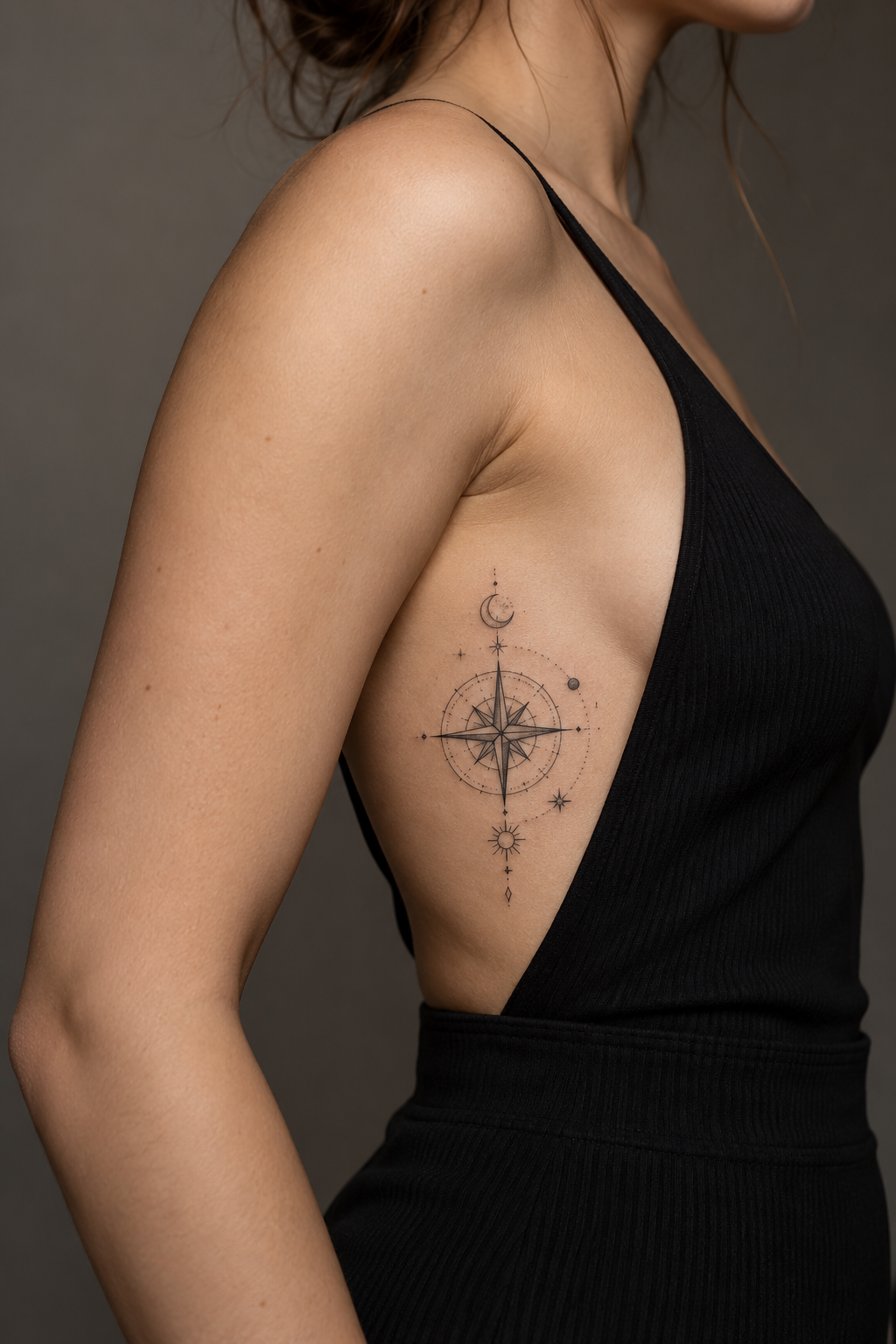 Fine line rib tattoos for women: Fine Line Compass On The Ribs