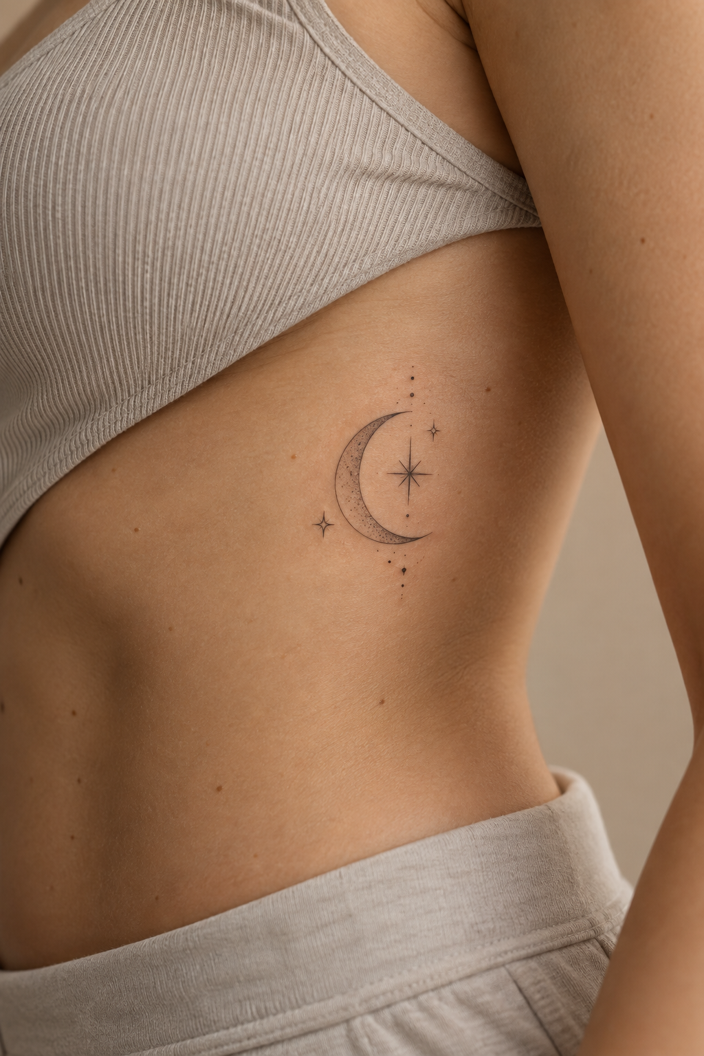 Fine line rib tattoos for women: Crescent Moon And Star Tattoo On The Ribs