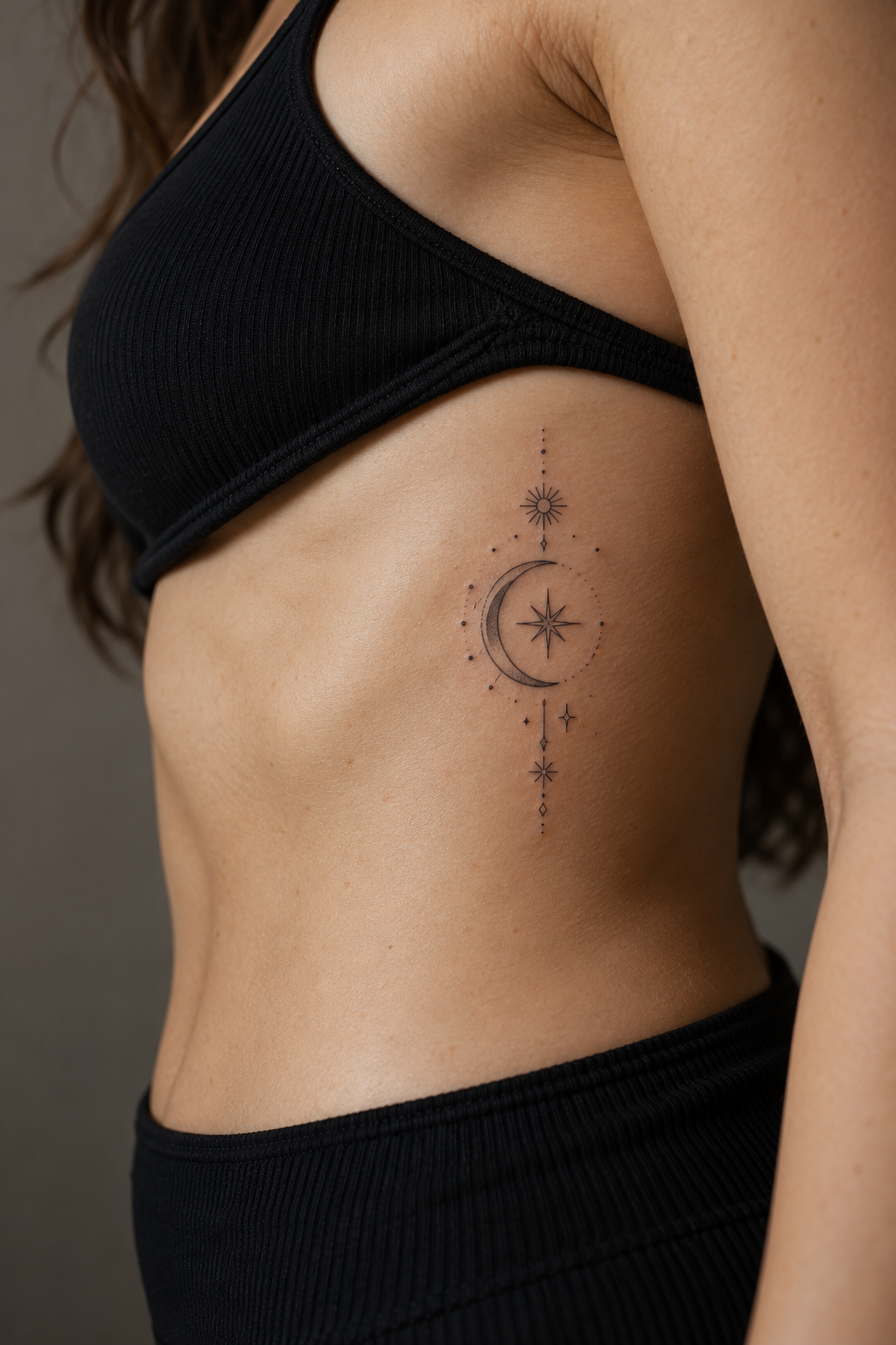 Fine line rib tattoos for women: Fine Line Celestial Tattoo On The Ribs