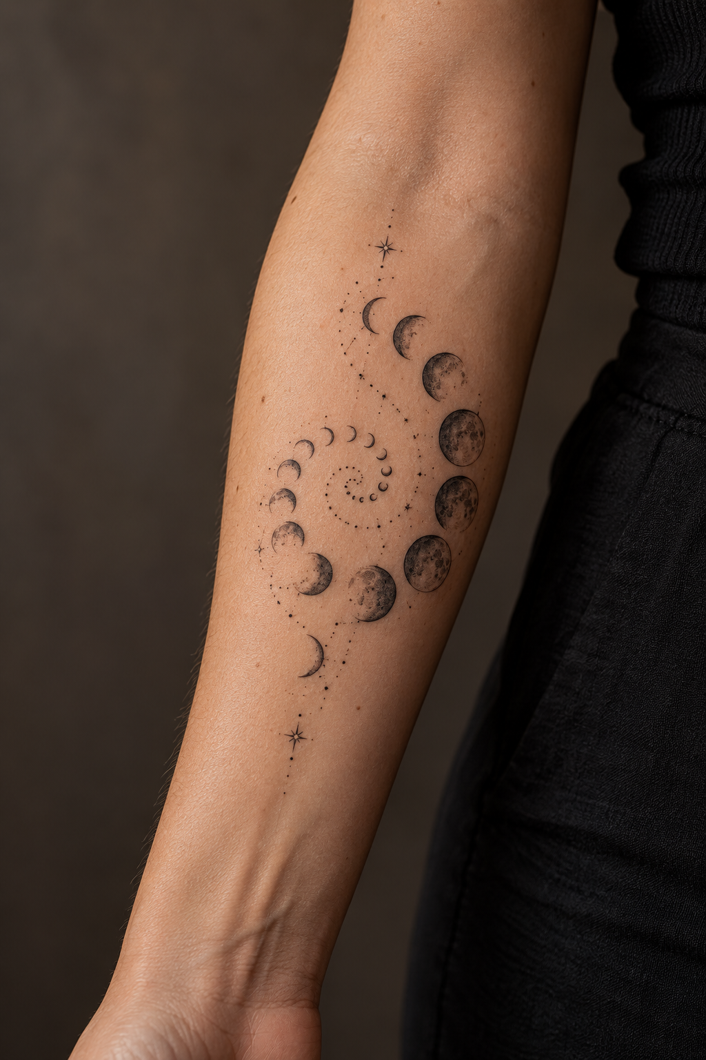 Fine line rib tattoos for women: Moon Phases Spiral Along The Ribs