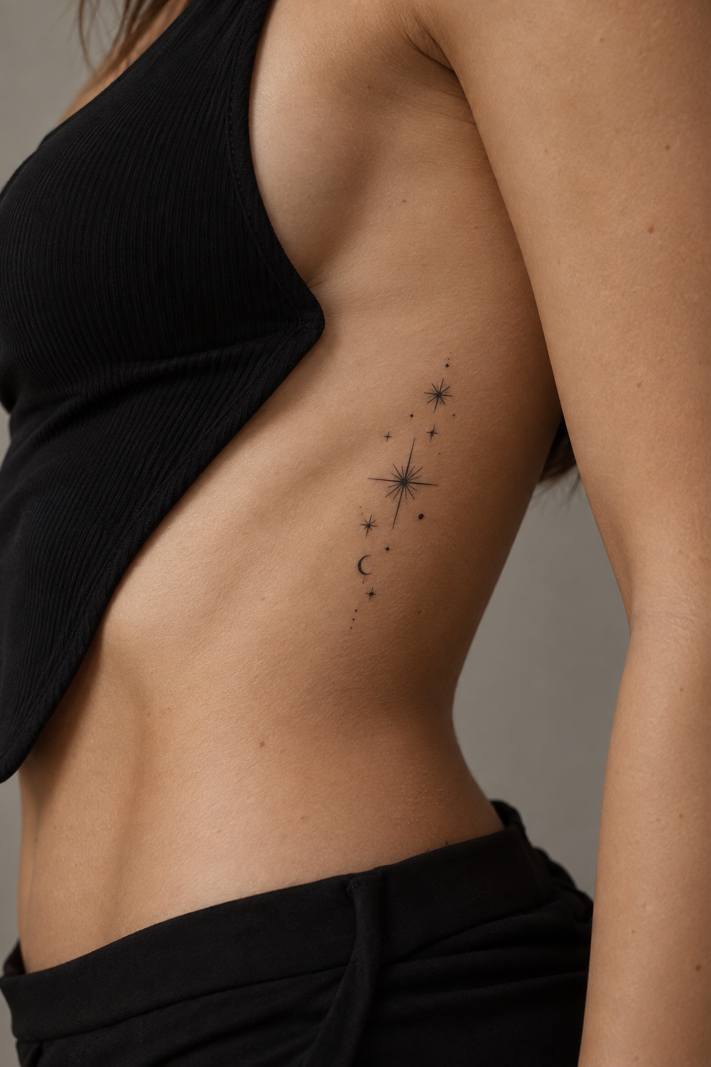 Fine line rib tattoos for women: Stars Along The Ribs