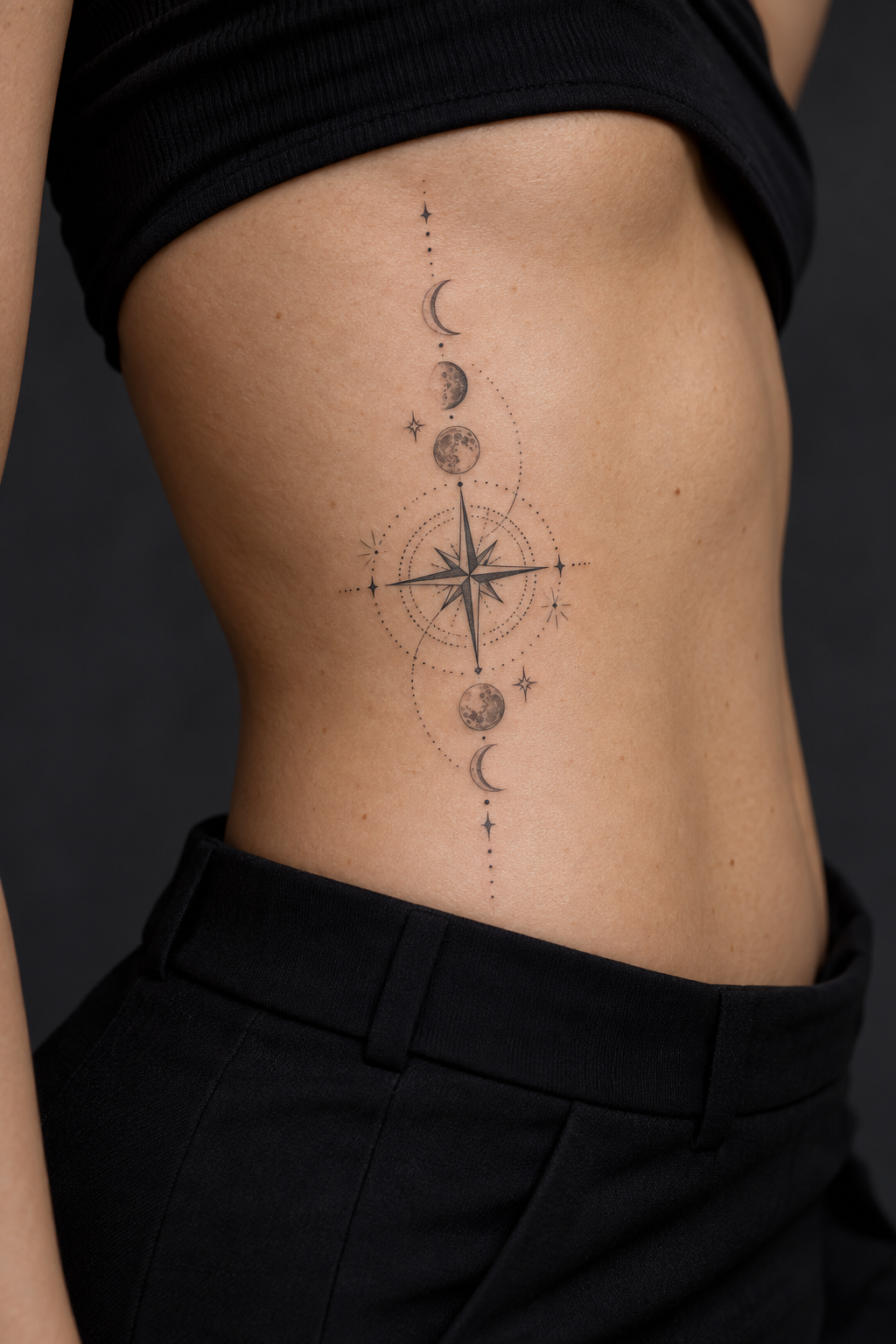 Fine line rib tattoos for women: Compass Rose And Moon Phases On The Ribs