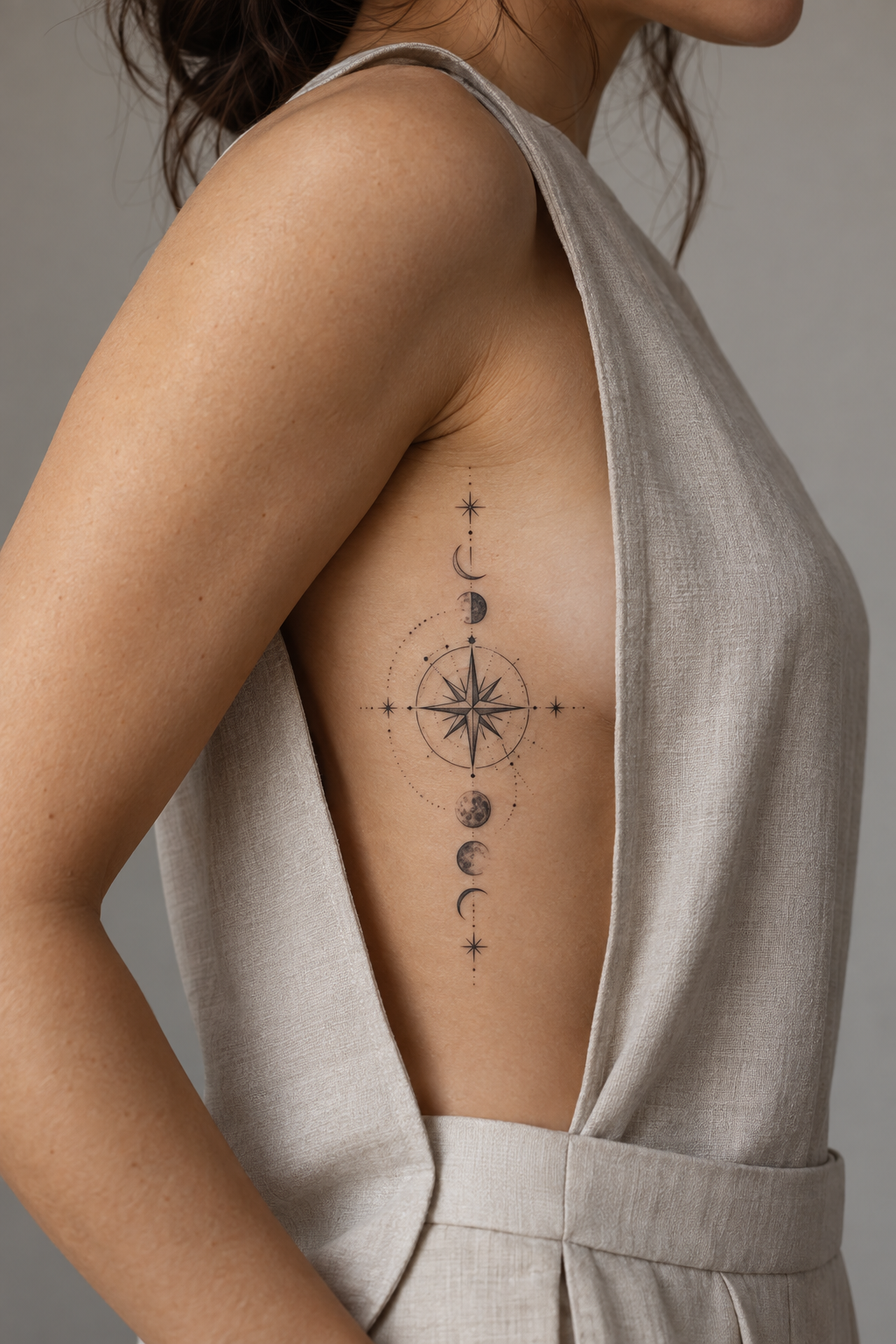 Fine line rib tattoos for women: Compass With Moon Phases Placed On The Ribs