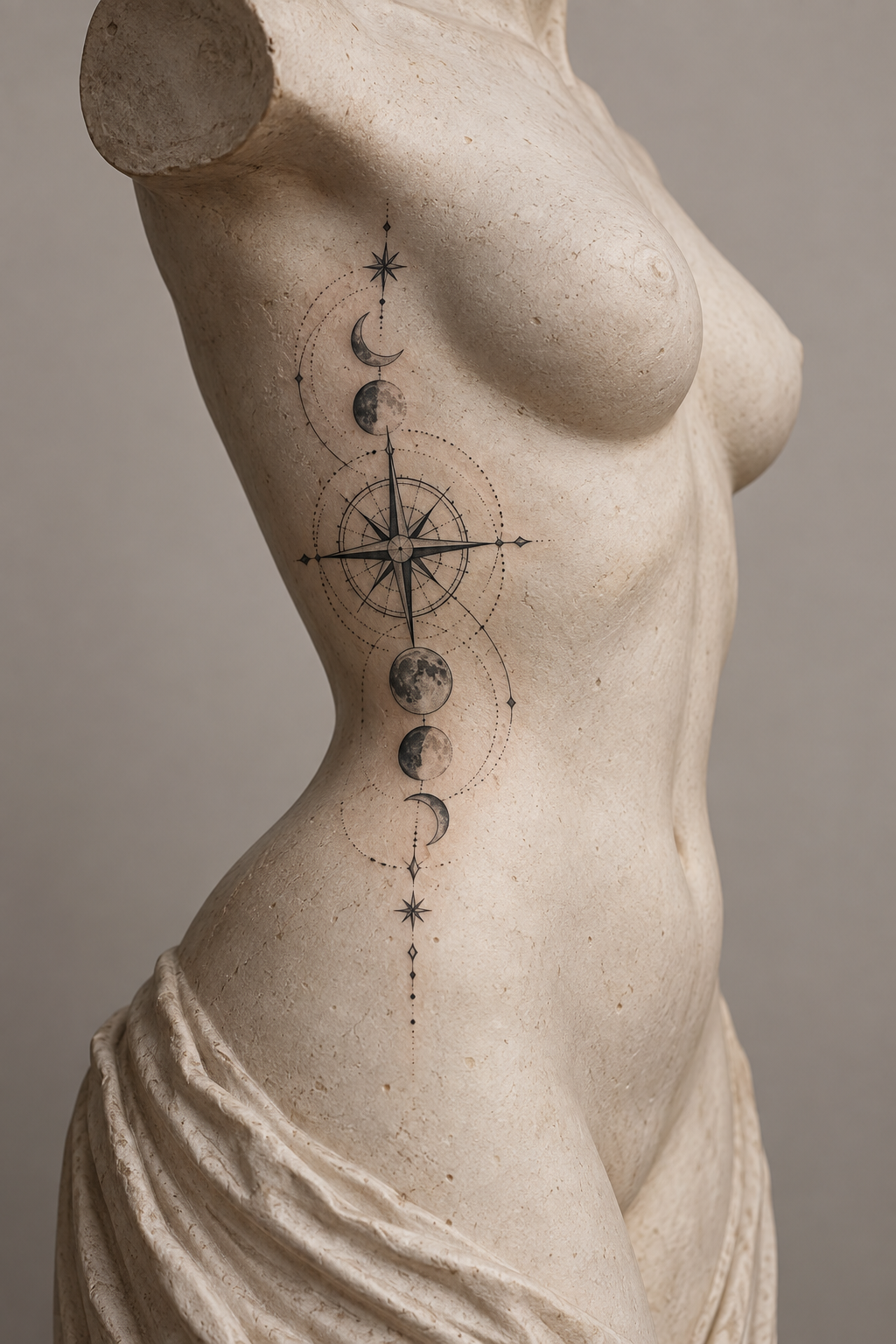 Fine line rib tattoos for women: Celestial rib tattoo composition