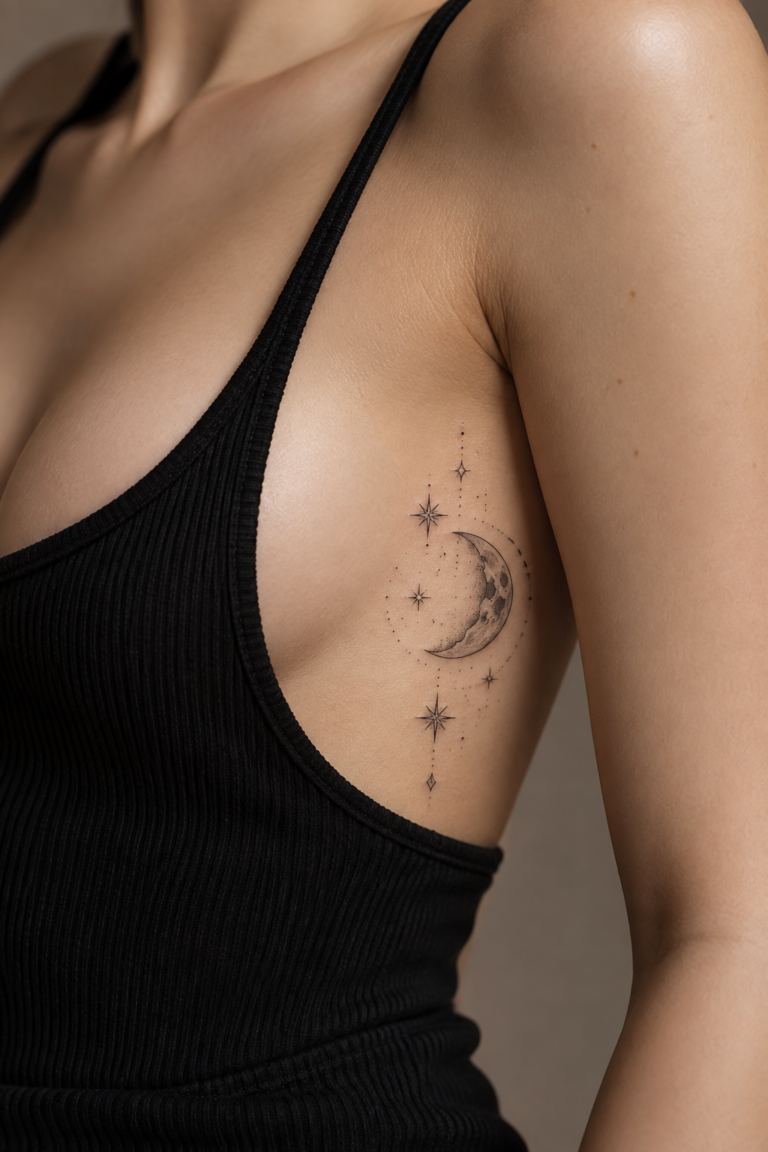 Fine line celestial rib tattoo with stars and moon