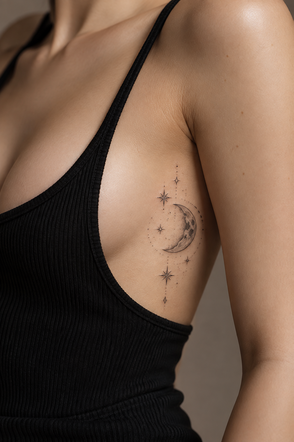 Fine line celestial rib tattoo with stars and moon