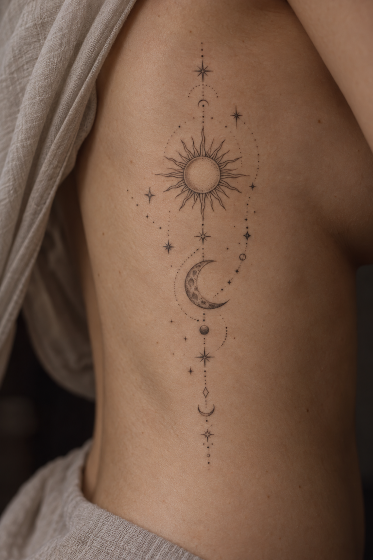 fine line celestial rib tattoo