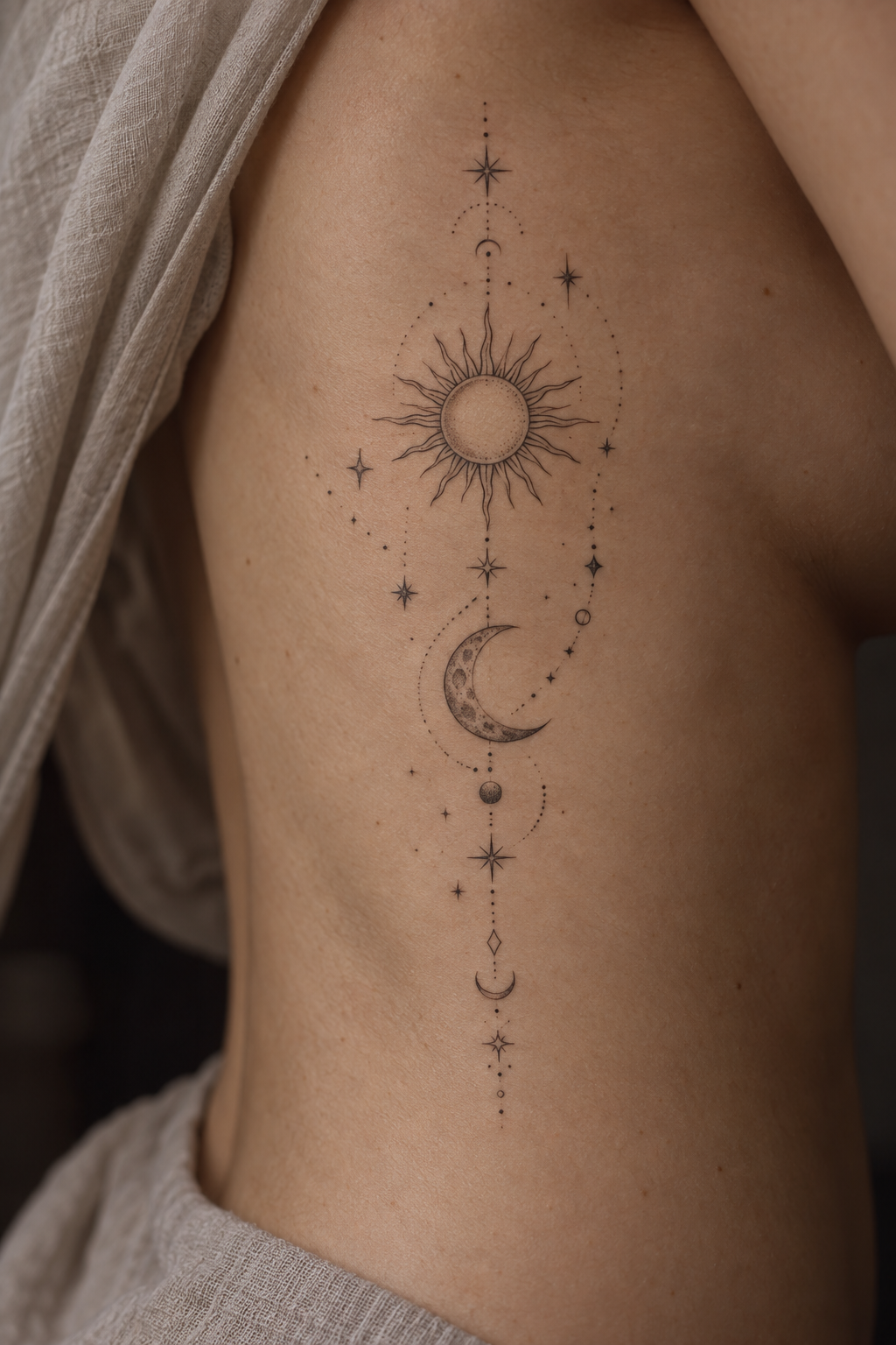 fine line celestial rib tattoo