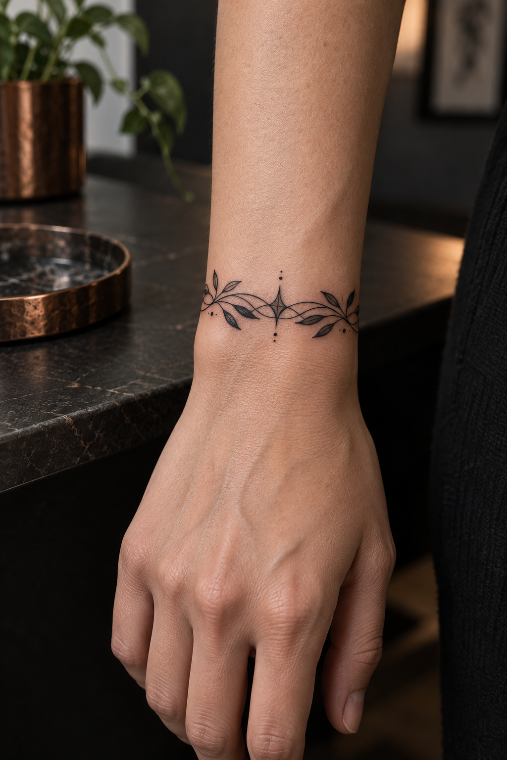 Fine-line band bracelet tattoo idea