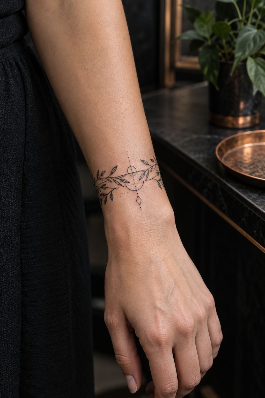 Leaf and dot band bracelet tattoo idea