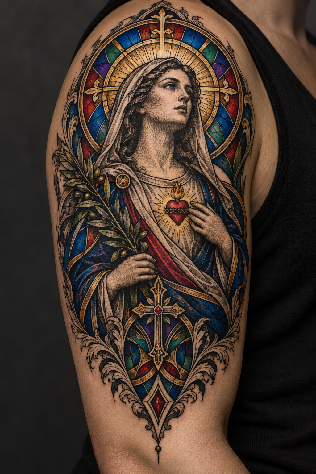 Saint portrait vivid stained-glass Christian tattoo idea