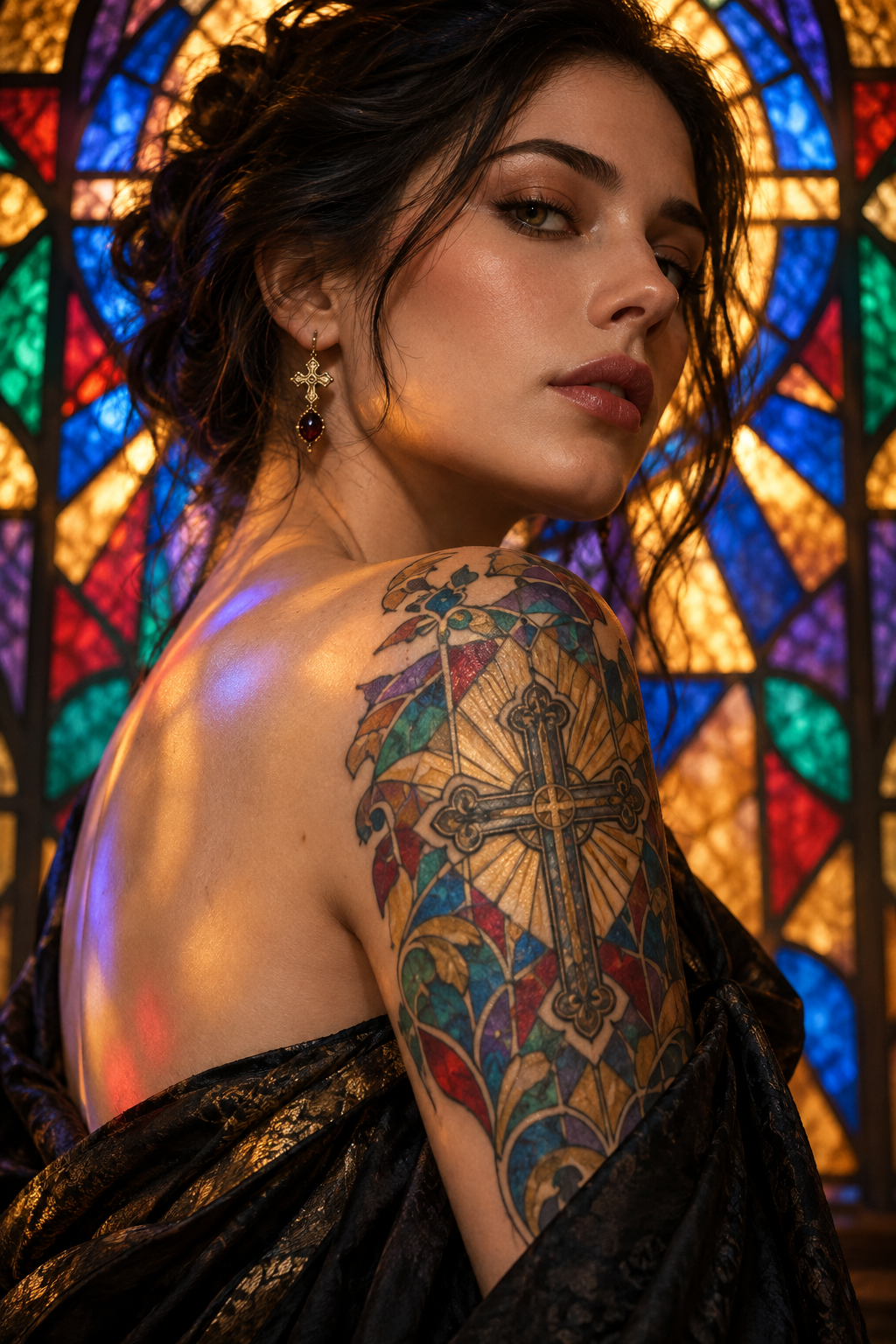 Cross and stained glass vivid stained-glass Christian tattoo idea
