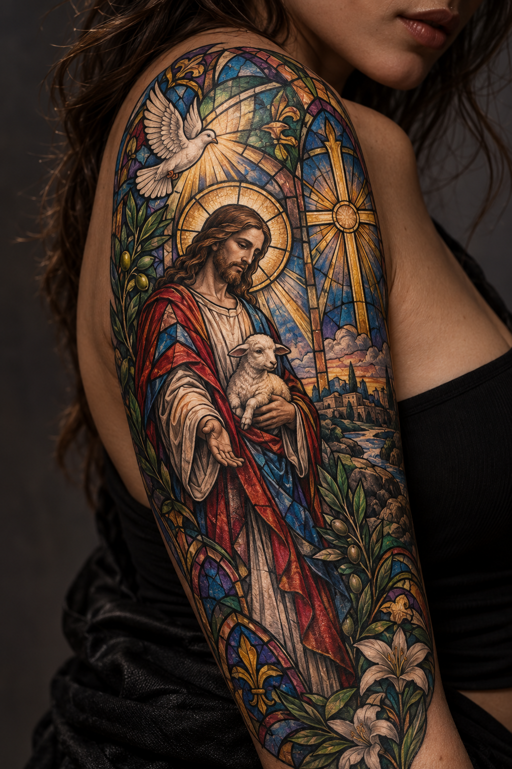 Biblical scene sleeve vivid stained-glass Christian tattoo idea