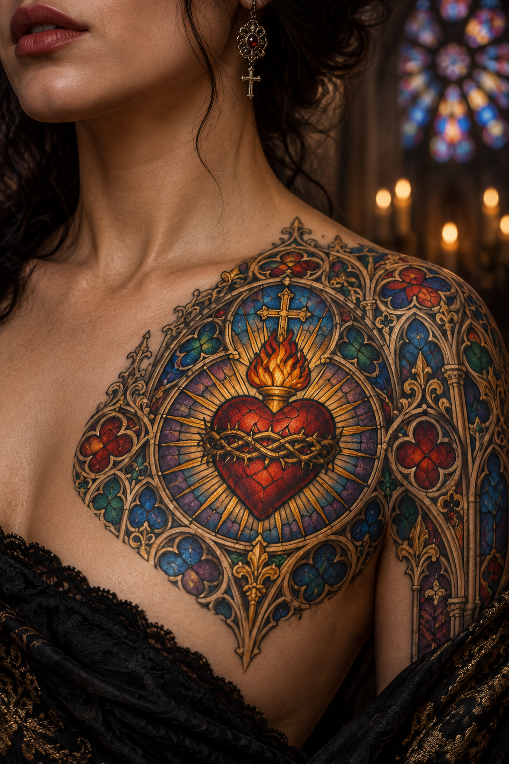 Sacred heart window vivid stained-glass Christian tattoo idea