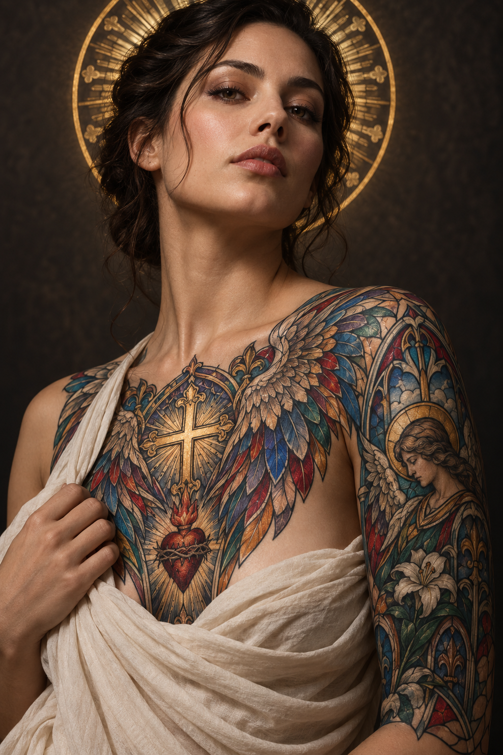 Archangel composition vivid stained-glass Christian tattoo idea