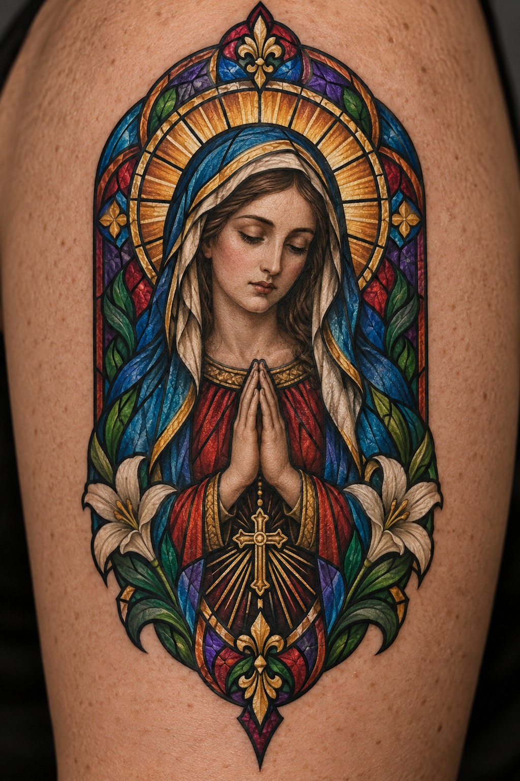 Virgin Mary portrait vivid stained-glass Christian tattoo idea