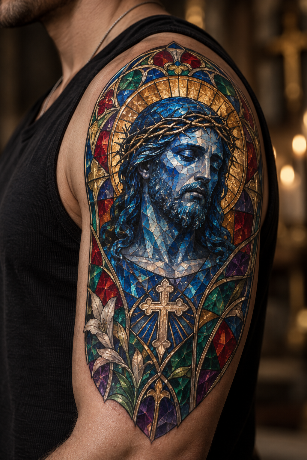 Christ in blue glass vivid stained-glass Christian tattoo idea