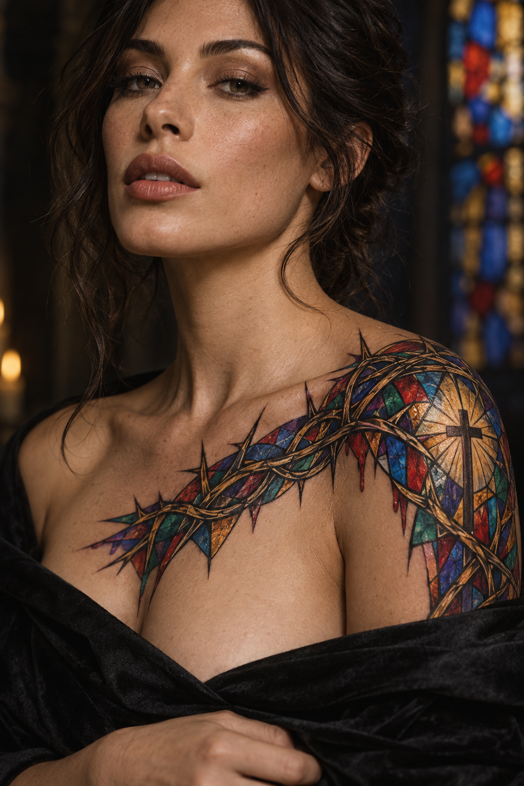 Crown of thorns vivid stained-glass Christian tattoo idea