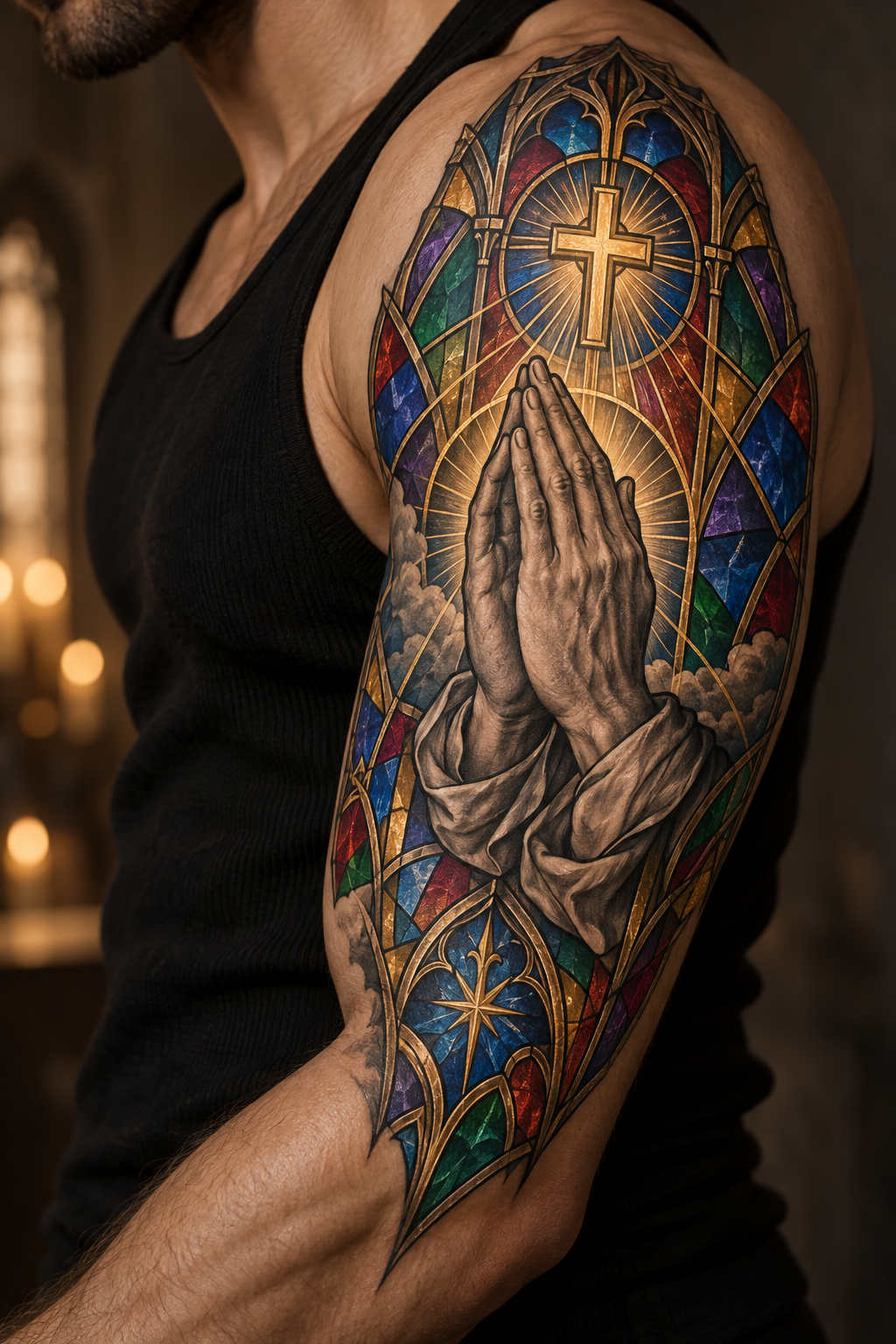 Praying hands vivid stained-glass Christian tattoo idea