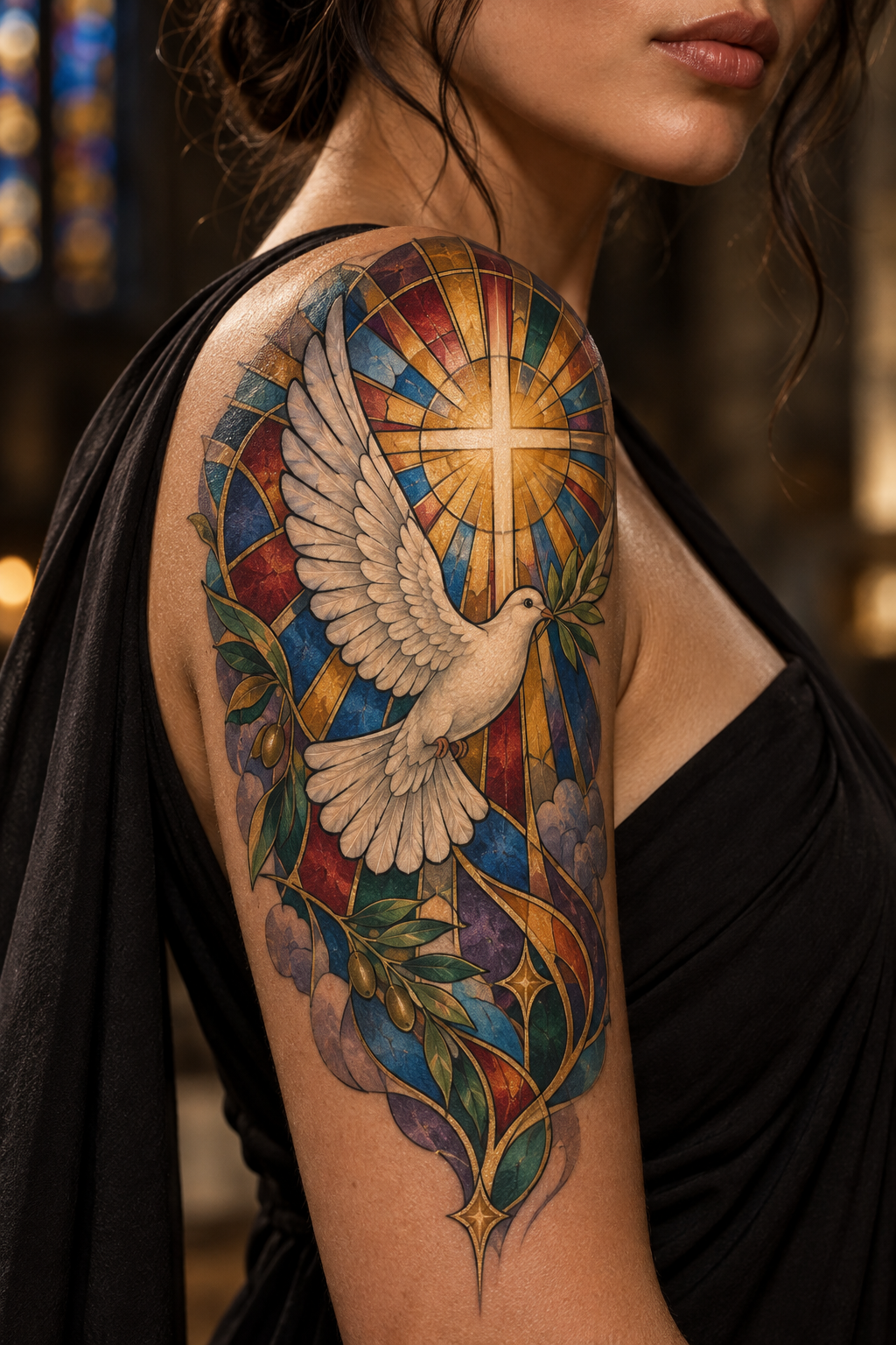 Dove and rays vivid stained-glass Christian tattoo idea