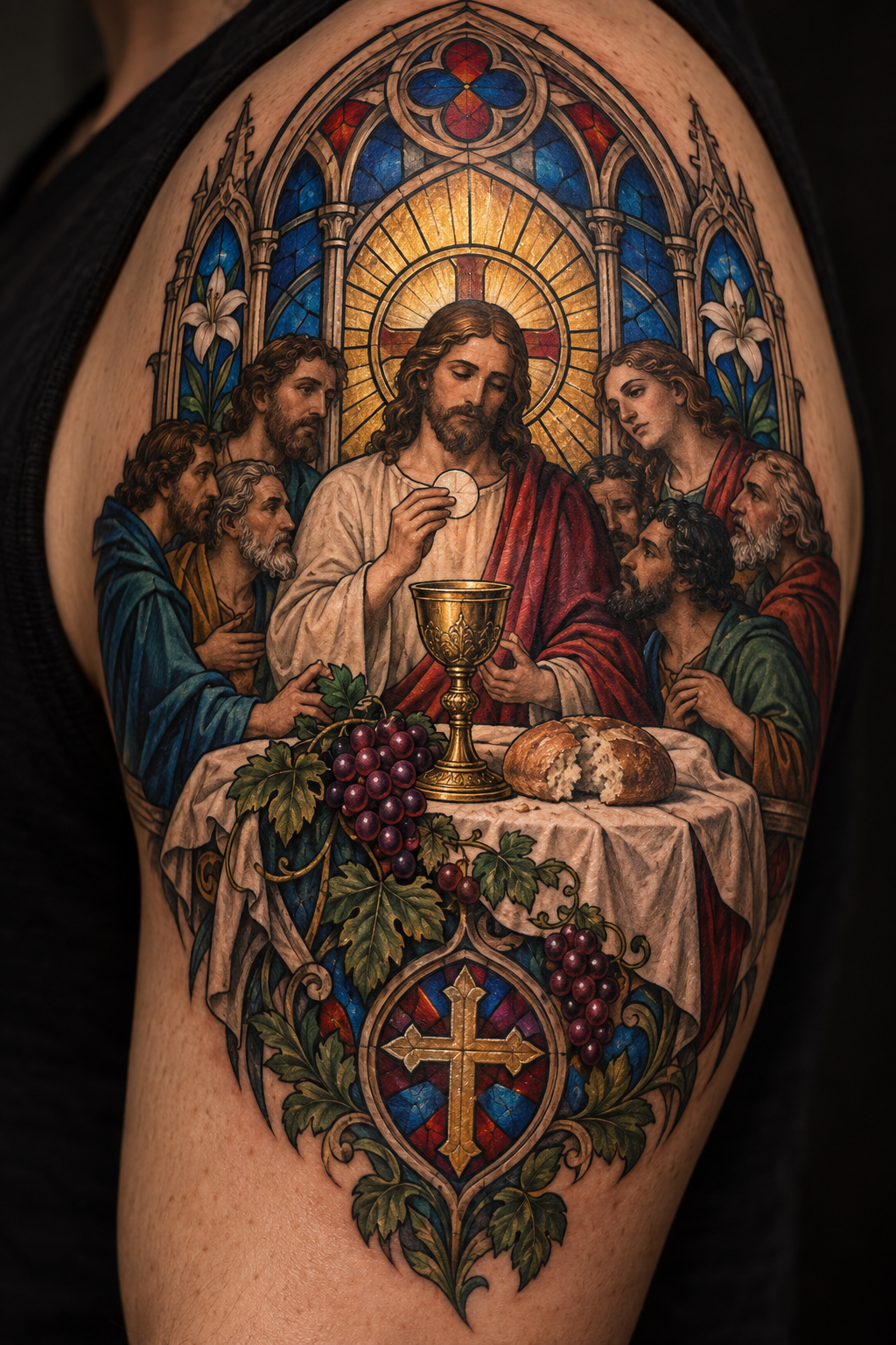 Last Supper panel vivid stained-glass Christian tattoo idea