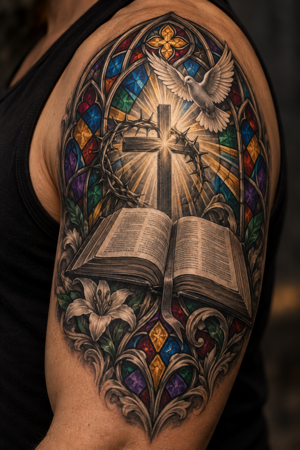 Open Bible scene vivid stained-glass Christian tattoo idea