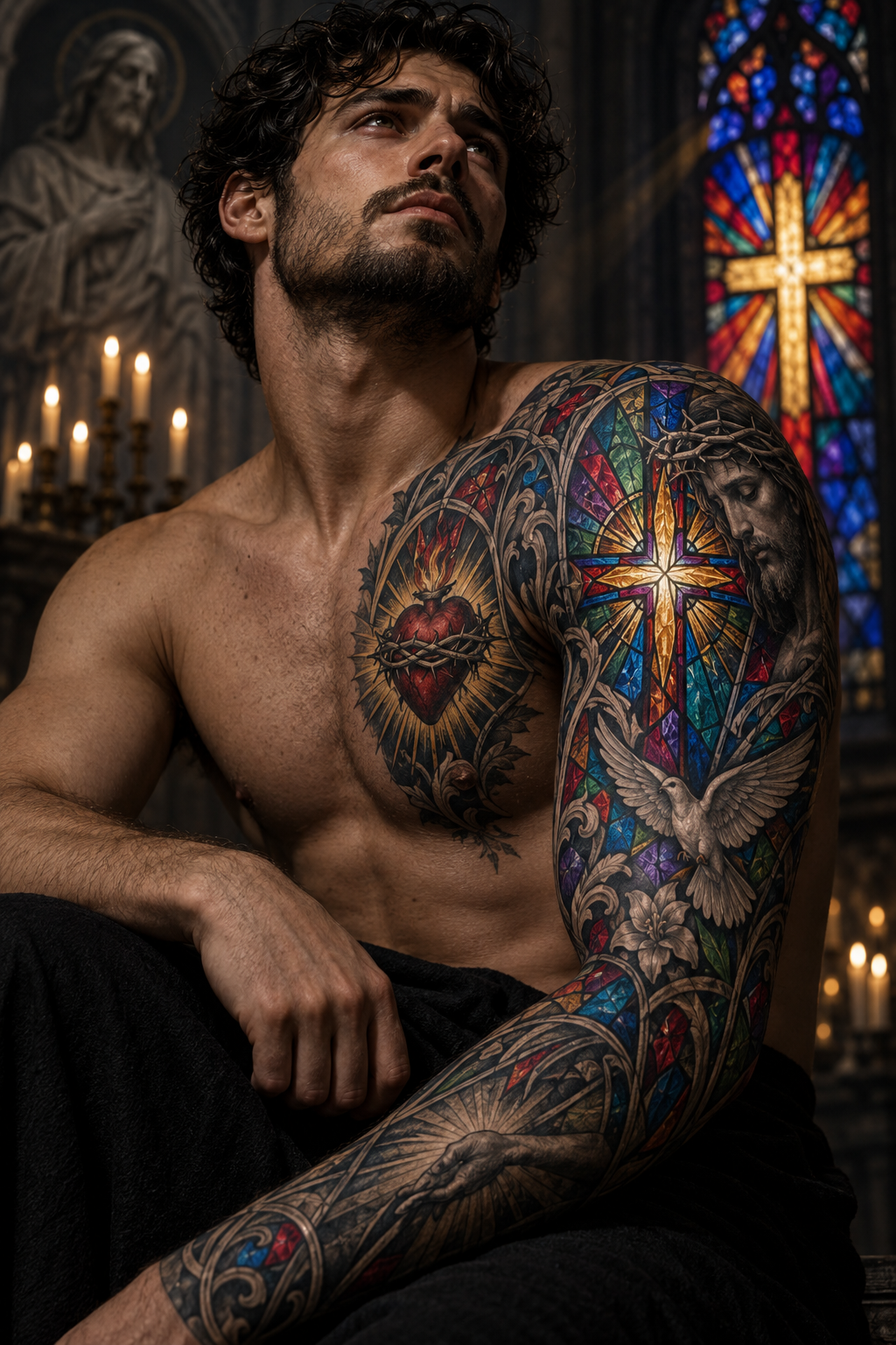 Lamb of God vivid stained-glass Christian tattoo idea