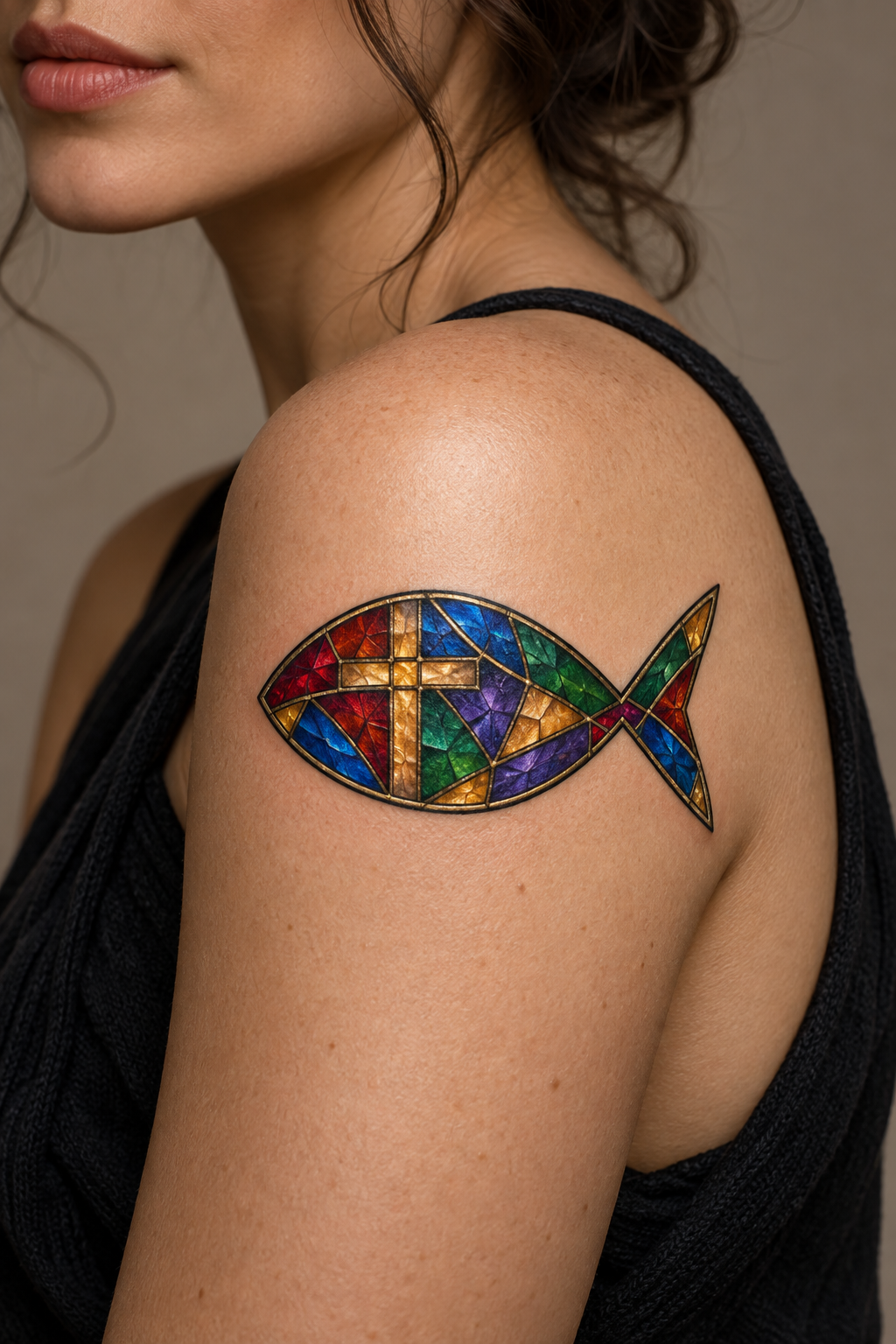 Ichthys symbol vivid stained-glass Christian tattoo idea