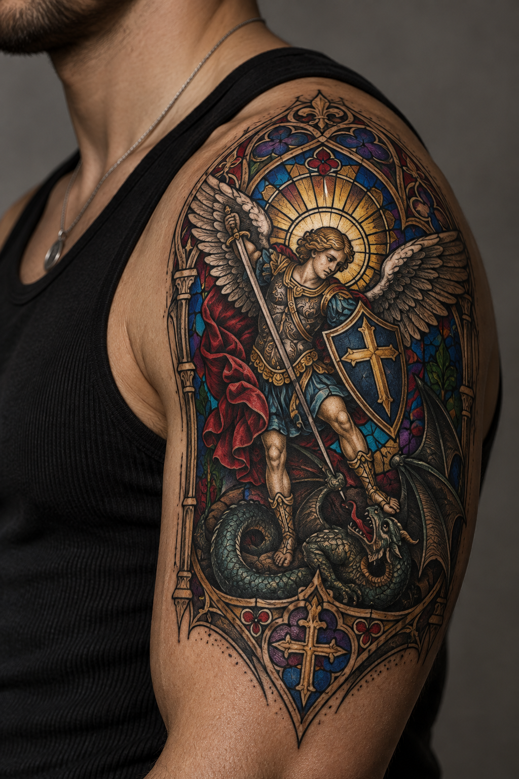 Saint Michael shield vivid stained-glass Christian tattoo idea