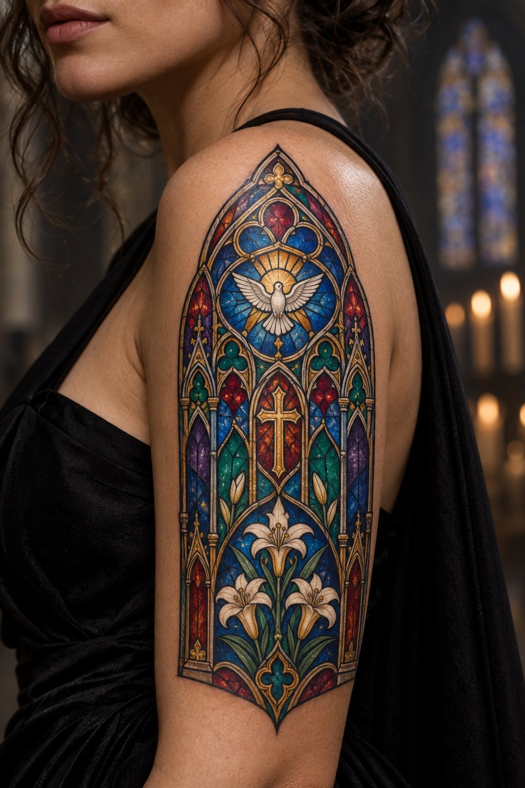 Cathedral window vivid stained-glass Christian tattoo idea