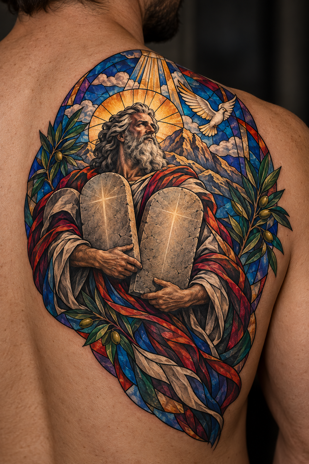 Moses and tablets vivid stained-glass Christian tattoo idea