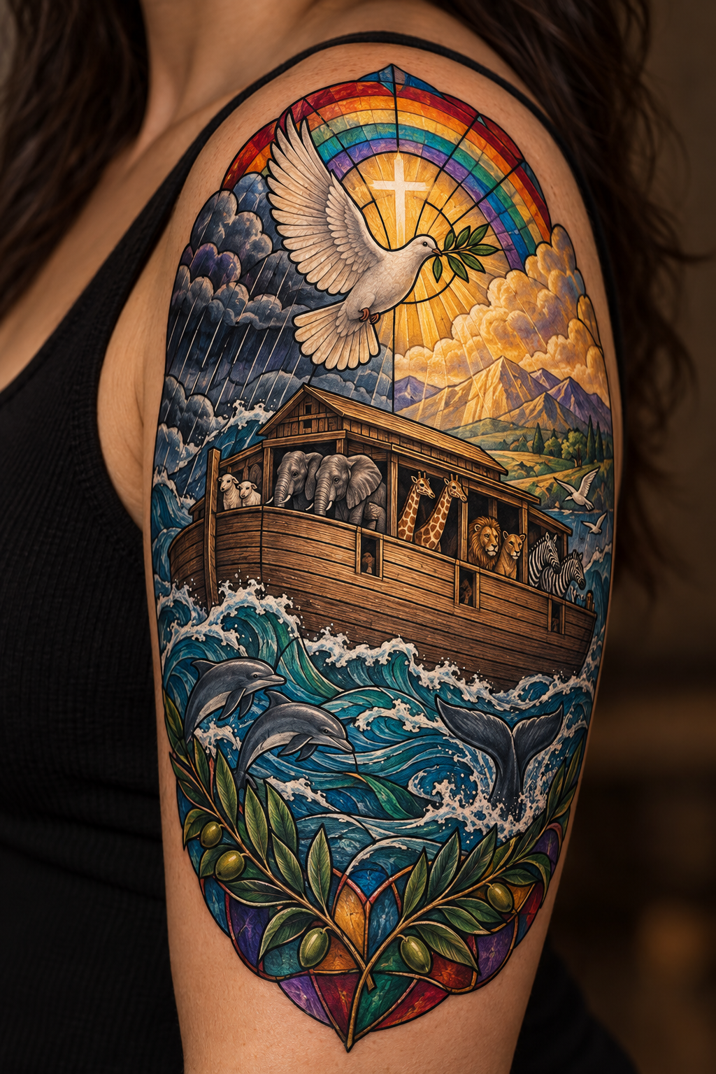 Noah and the ark vivid stained-glass Christian tattoo idea