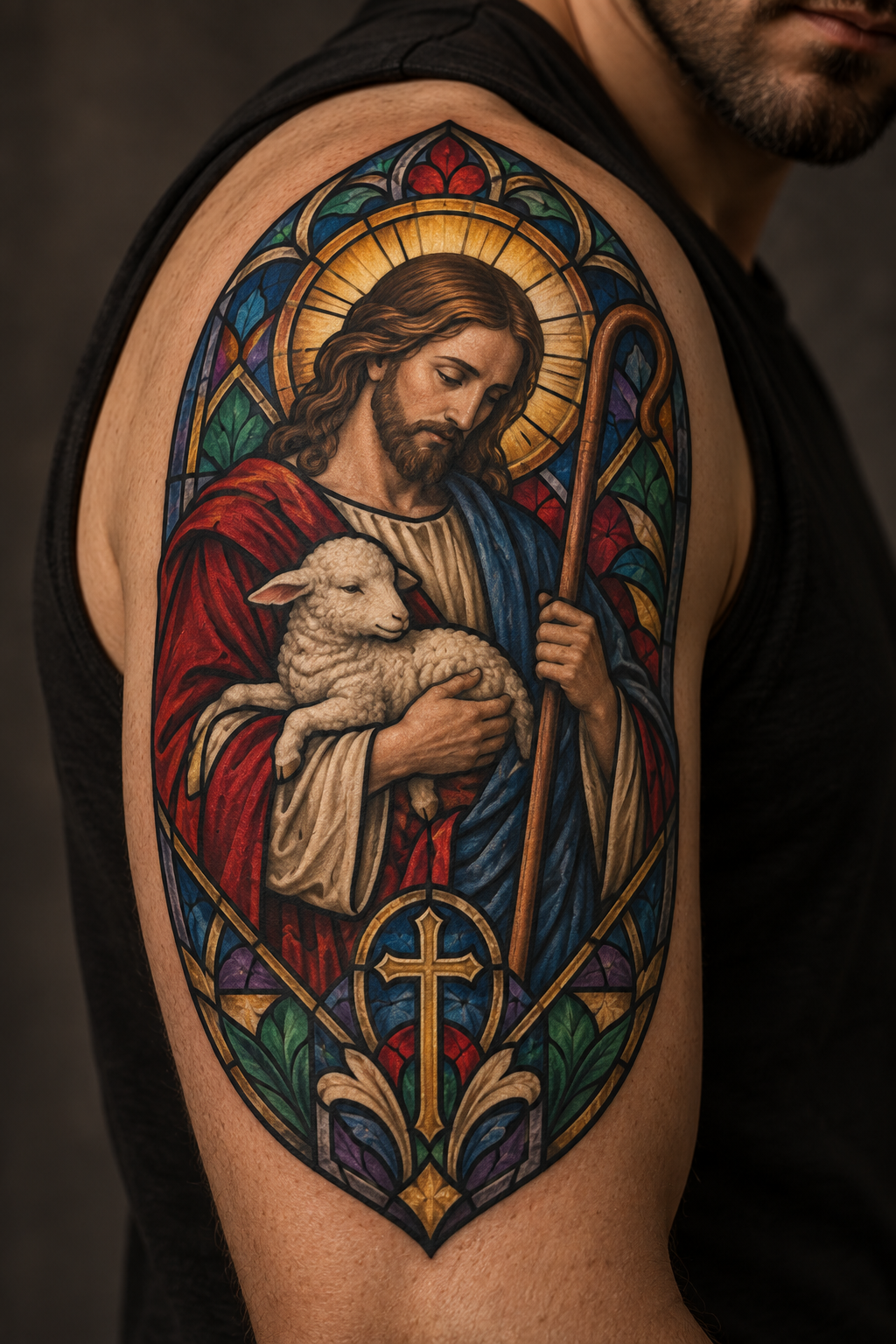 Good Shepherd vivid stained-glass Christian tattoo idea