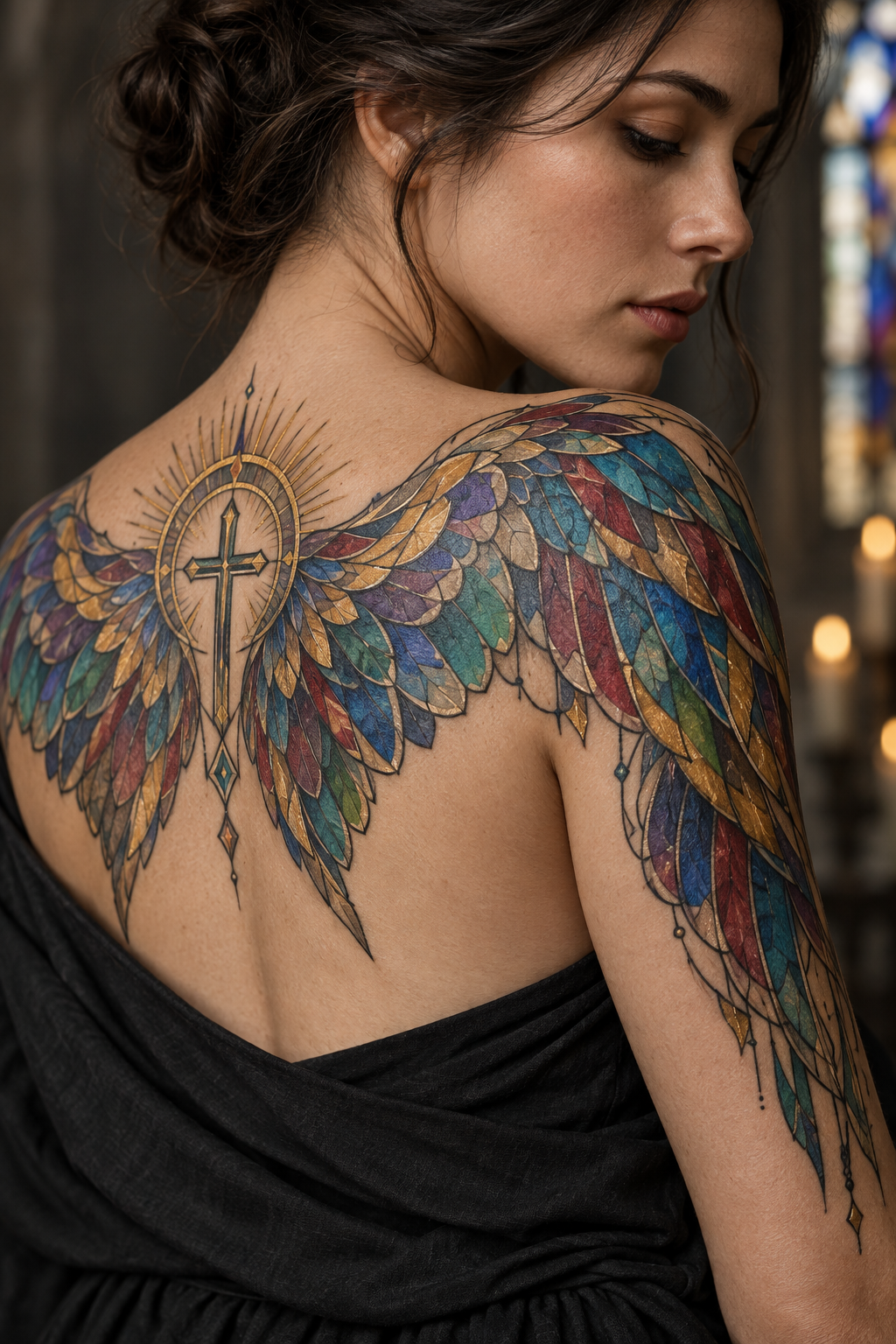 Angel wings vivid stained-glass Christian tattoo idea