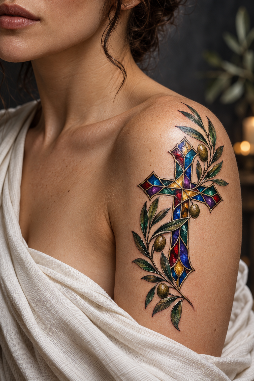 Olive branch cross vivid stained-glass Christian tattoo idea