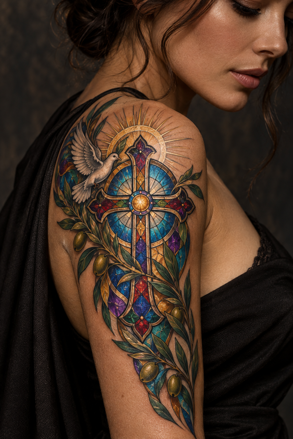 Personal scripture symbol vivid stained-glass Christian tattoo idea