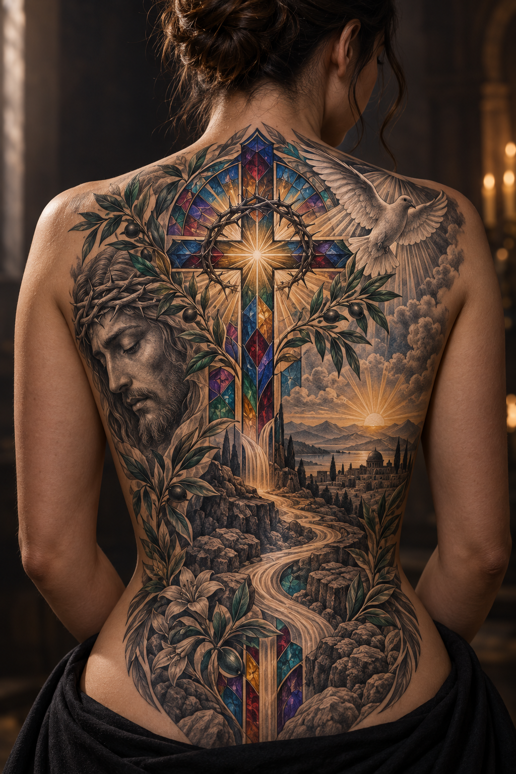 Full back faith story vivid stained-glass Christian tattoo idea
