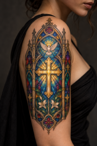 vivid stained-glass Christian tattoos for men featured concept