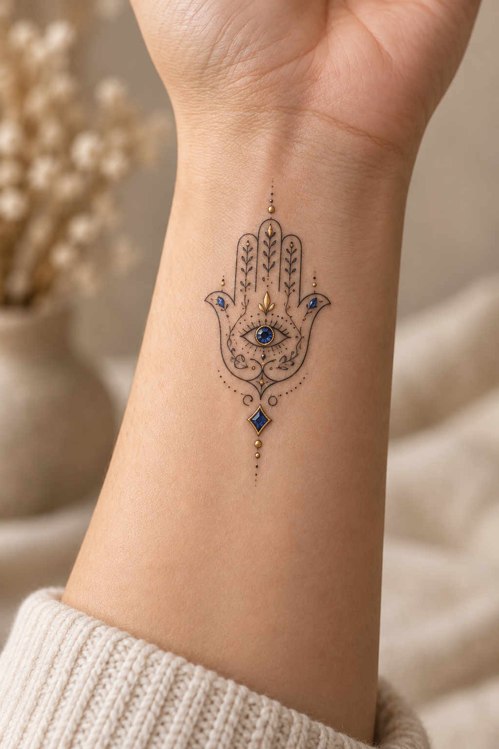 Jewelled Hamsa Details protective hamsa tattoos for women idea