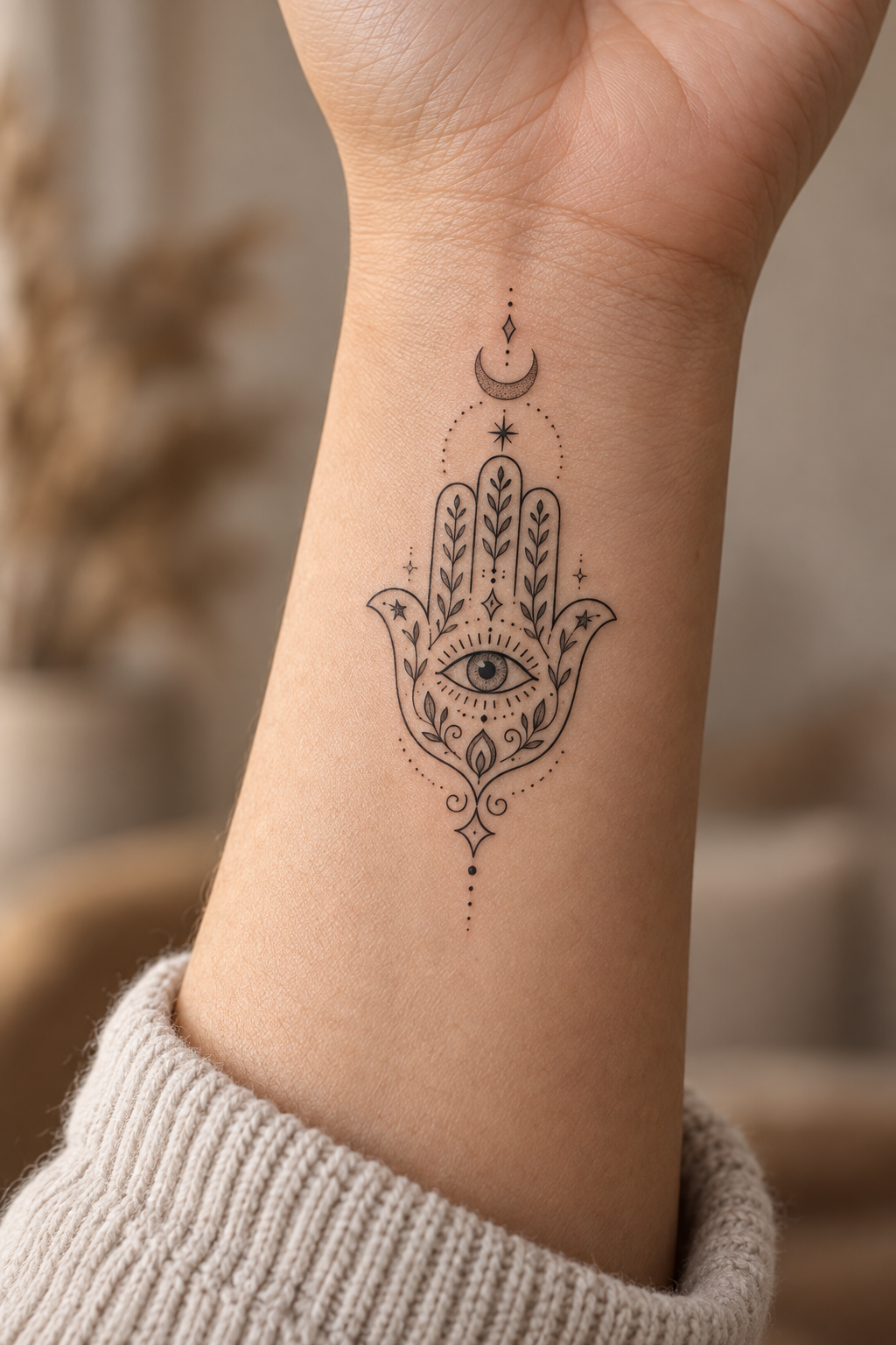 Moon and Hamsa Pairing protective hamsa tattoos for women idea