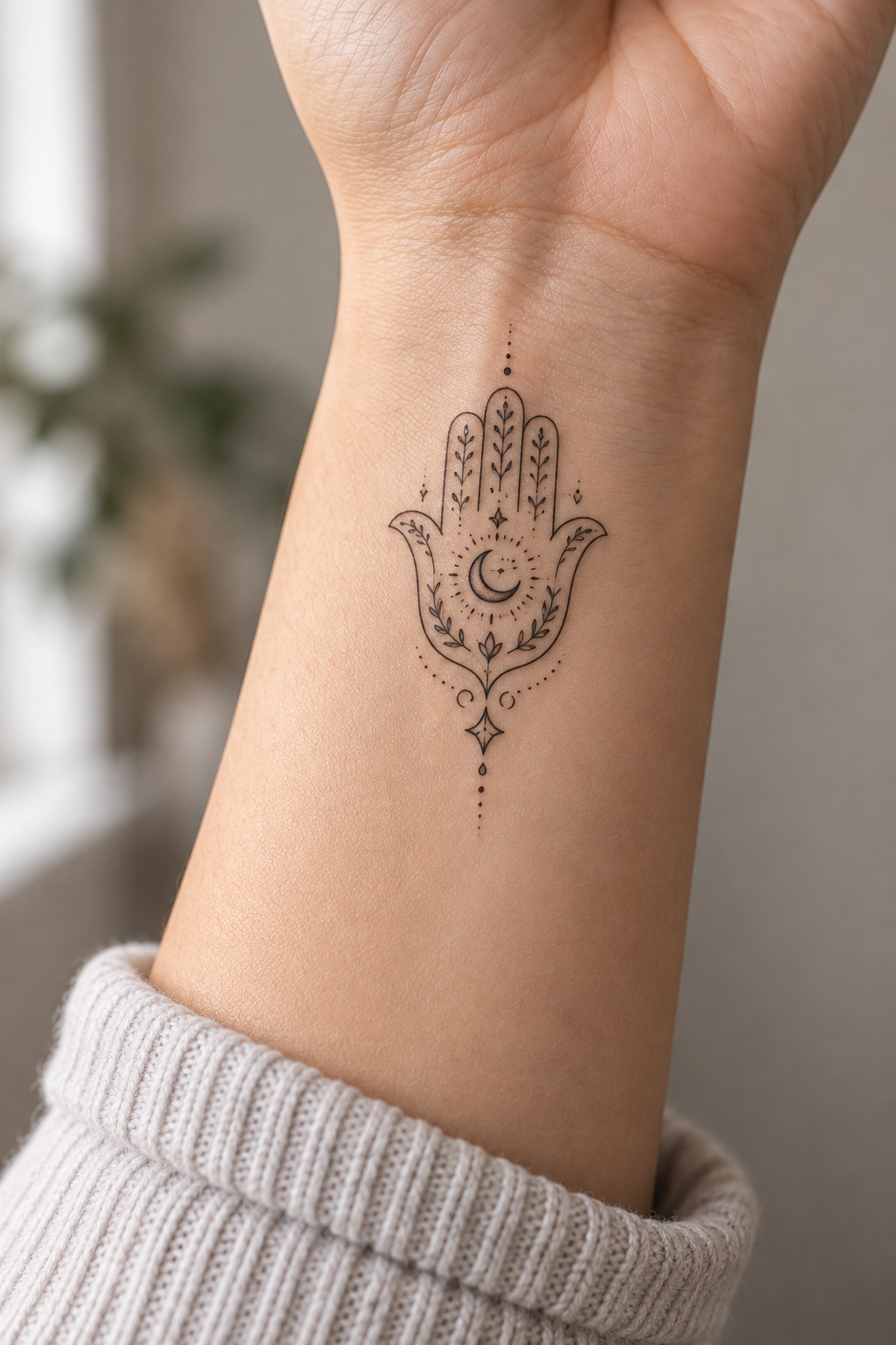 Hamsa with Crescent Motif protective hamsa tattoos for women idea