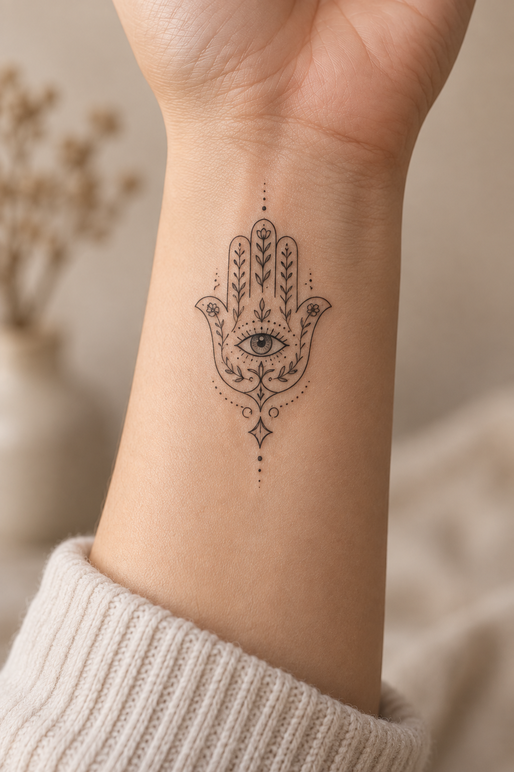 Fine-Line Floral Eye protective hamsa tattoos for women idea