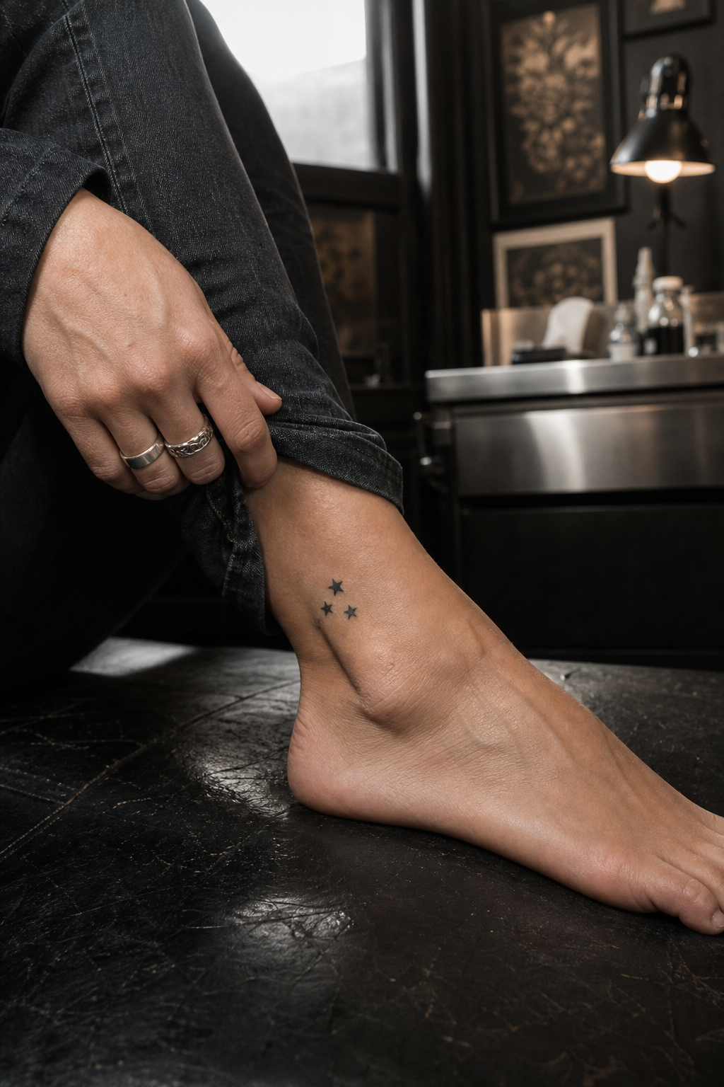 Three small black stars arranged just above an adult woman's ankle bone.